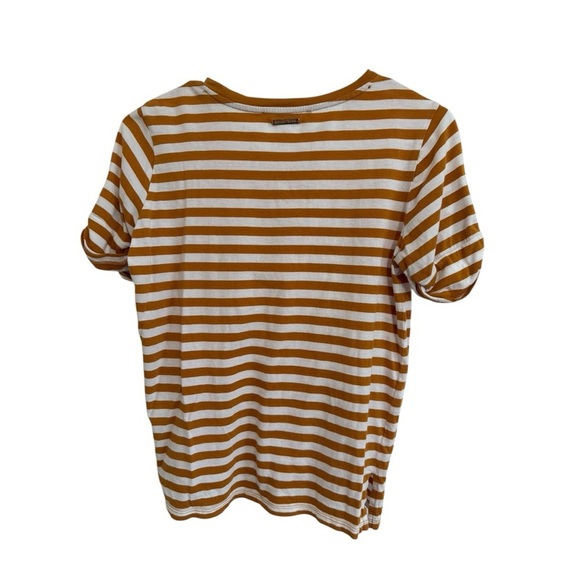 Michael Kors Womens Striped Roll Tab Sleeve Top Mustard White Size Large - Picture 4 of 5